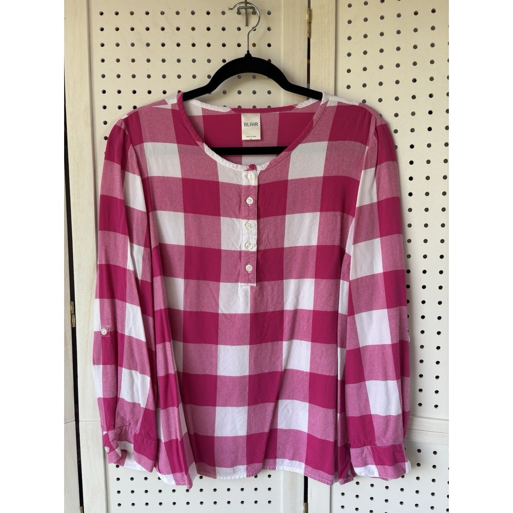 Blair Pink White Check Checkered Long Roll Tab SLV Button Henely Women's M Rayon